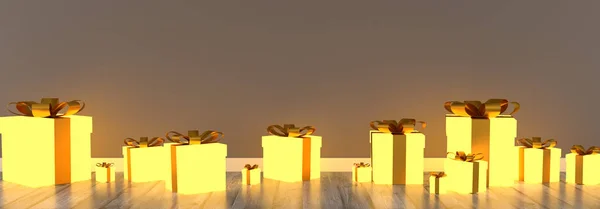 Glowing gift boxes in an empty room — Stock Photo, Image