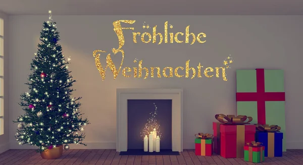 Yılbaşı ağacı ve hediye kutularıyla Alman Mutlu Noeller — Stok fotoğraf