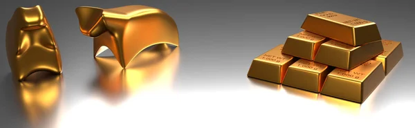 Stacked gold bars with bull and bear — Stock Photo, Image