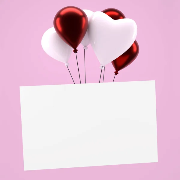 Balões brilhantes com um cartão em branco em rosa — Fotografia de Stock