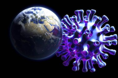 3 boyutlu tasvir: korkunç yeni bir virüs Dünya 'yı istila etti. Yeni Corona virüsü Covid 19 ve Dünya' nın sembolik bir görüntüsü. Bu görüntünün elementleri NASA tarafından desteklenmektedir.