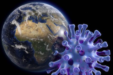 3 boyutlu tasvir: korkunç yeni bir virüs Dünya 'yı istila etti. Yeni Corona virüsü Covid 19 ve Dünya' nın sembolik bir görüntüsü. Bu görüntünün elementleri NASA tarafından desteklenmektedir.