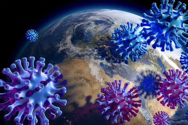 3D说明 一种可怕的新病毒困扰着地球 新的Corona病毒Covid 19和地球的象征性图像 美国航天局提供的这一图像的要素 — 图库照片