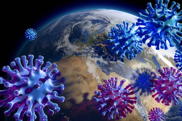 3 D Illustration: a horrible new virus infests planet earth - symbolic image of the new Corona virus Covid 19 and earth. Elements of this image furnished by NASA.