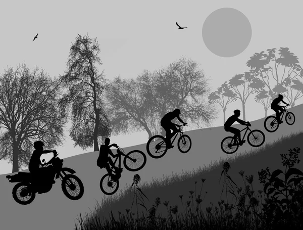 骑自行车的人起来上日落山 — 图库矢量图片