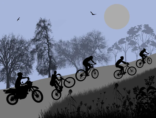 Велосипедисти вгору на пагорбі на заході сонця — стоковий вектор