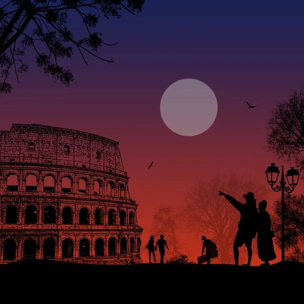 Travelers couple silhouette  in front of Colosseum — Stock Vector