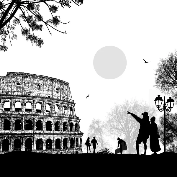 La silhouette della coppia di viaggiatori davanti al Colosseo di Roma — Vettoriale Stock