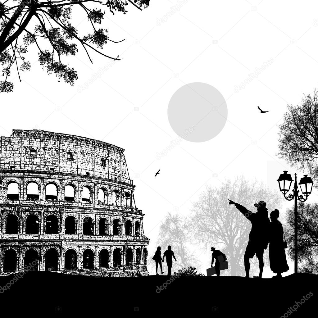 Travelers couple silhouette  in front of Colosseum in Rome