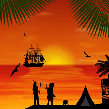 Native american indian silhouettes at sunset clipart