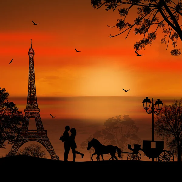 Карета и любовники в Париже — стоковый вектор