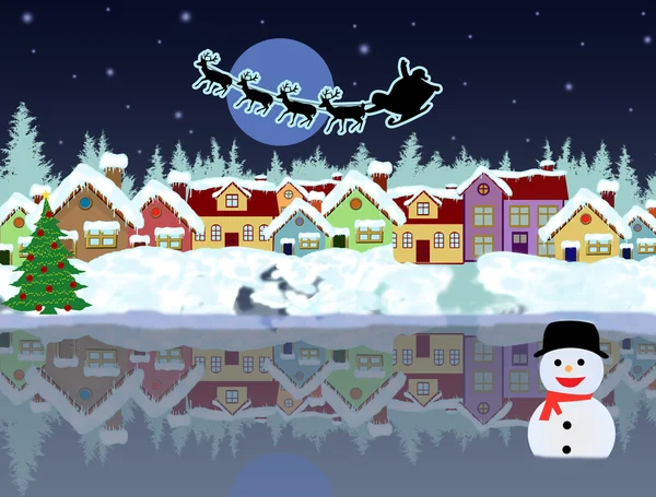 Śnieżna wiejskich kraju w noc Bożego Narodzenia z sań Świętego Mikołaja — Wektor stockowy