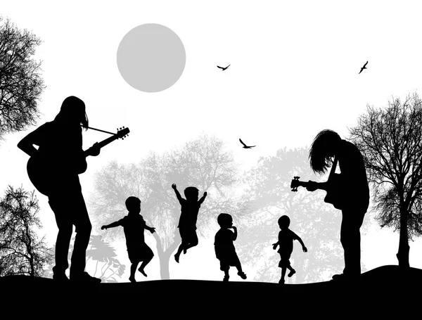 Guitaristas tocando perto de crianças em bela paisagem — Vetor de Stock