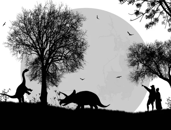 Dinosaurs silhouettes in beautiful landscape — Stock Vector