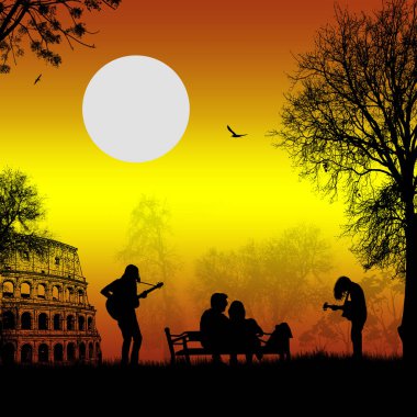 Roma'da günbatımı üzerinde severler ile oynarken gitaristler