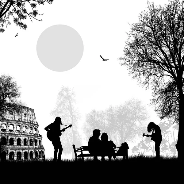 นักกีตาร์เล่นในกรุงโรมกับคนรักบนสีขาว — ภาพเวกเตอร์สต็อก