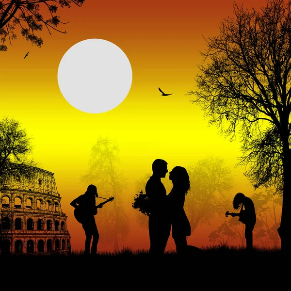 Gitaristen die spelen in Rome met liefhebbers op zonsondergang — Stockvector