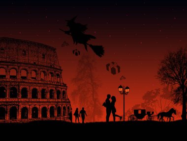 Geceleri insanlar ile Roma'da bir süpürge üzerinde oturan Befana cadı 
