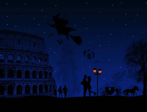 Gente de noche en Roma con la bruja Befana sentada en un palo de escoba — Vector de stock