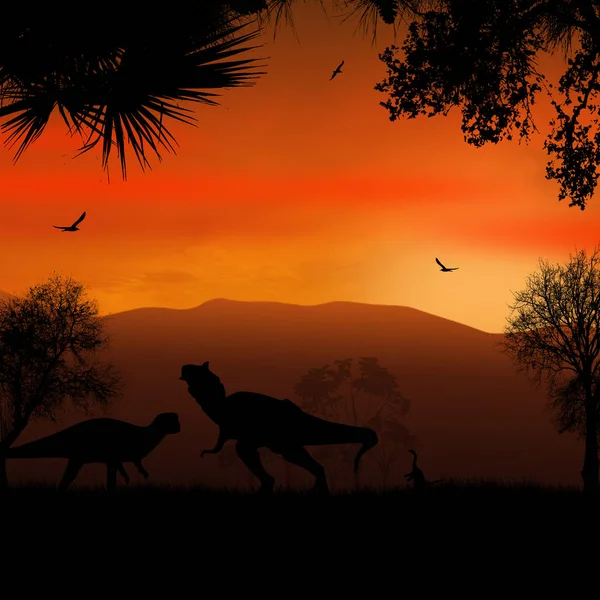 Dinosaurs silhouettes in beautiful landscape — Stock Vector