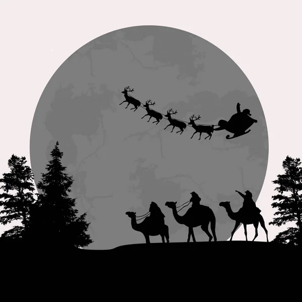 Tres sabios o reyes y el trineo de Santa — Vector de stock