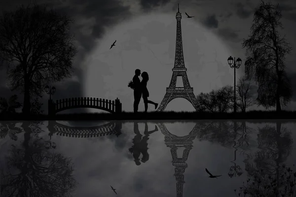 Lovers in Paris at night — Stock Vector