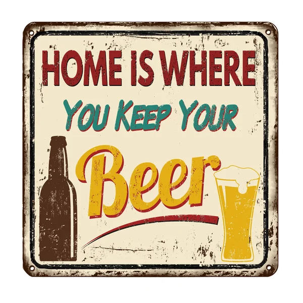 El hogar es donde guardas tu letrero de metal vintage de cerveza — Vector de stock