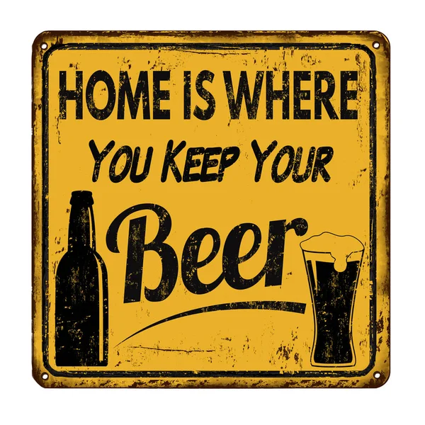 La casa è dove tieni il cartello di metallo vintage della birra — Vettoriale Stock