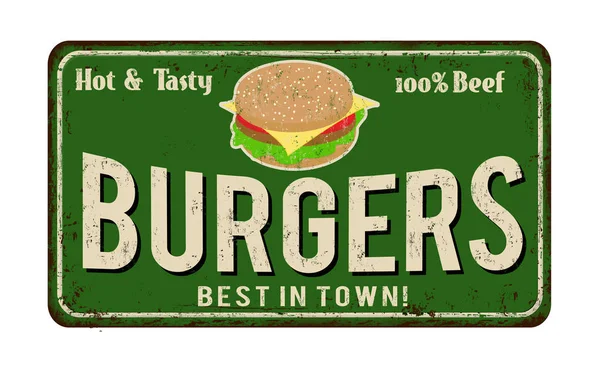 Burgers vintage rusty metal sign — Stock Vector