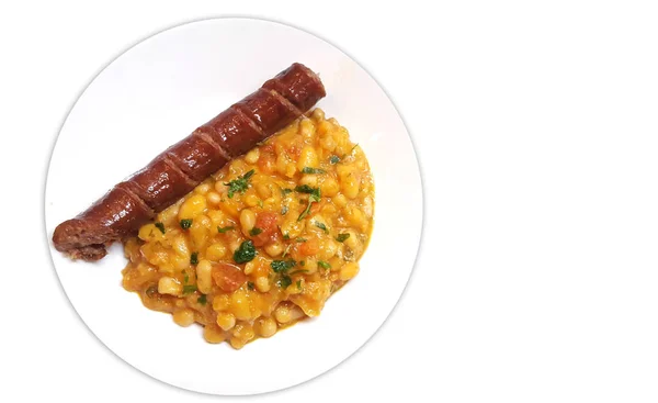 Beans with tomato sauce and sausage — Stock Photo, Image