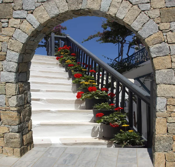 Flores en maceta en una escalera blanca en la isla de Mykonos, Grecia —  Fotos de Stock