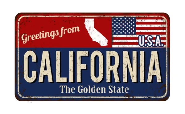 Üdvözletek-ból California vintage rozsdás fém jel — Stock Vector