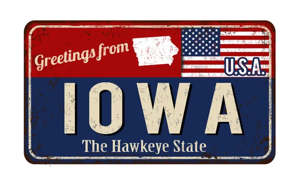 Üdvözletek-ból Iowa vintage rozsdás fém jel — Stock Vector