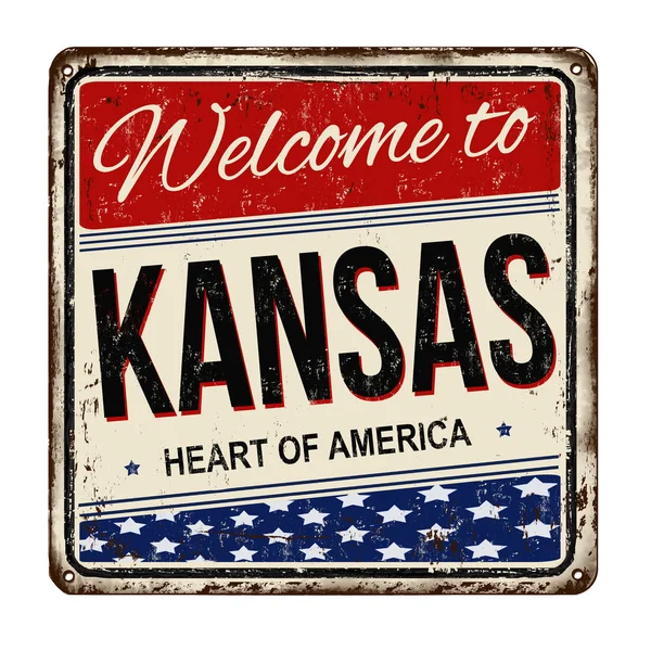 欢迎来到堪萨斯老式锈迹斑斑的金属牌子 — 图库矢量图片