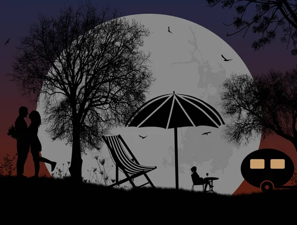 Miłośników na camping przed Pełnia księżyca — Wektor stockowy