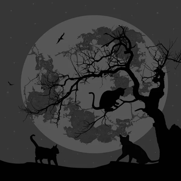 Cats and tree silhouettes in a dark nigth — Stock Vector