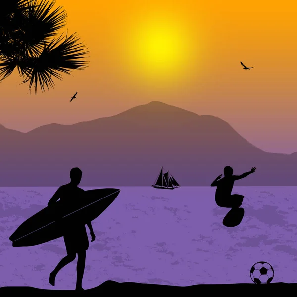 Surfers σιλουέτα τροπικό ηλιοβασίλεμα — Διανυσματικό Αρχείο
