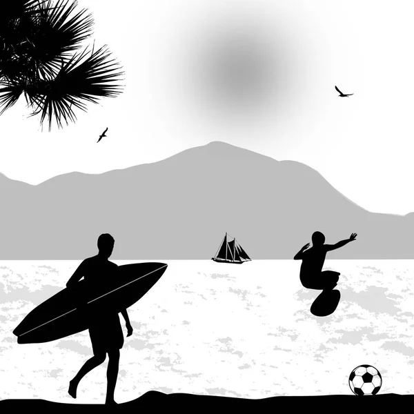 Surfers σιλουέτα σε τροπικό μέρος — Διανυσματικό Αρχείο