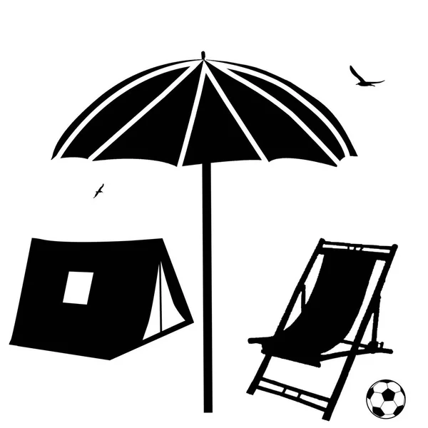 Stranden schäslong, paraply och tält — Stock vektor
