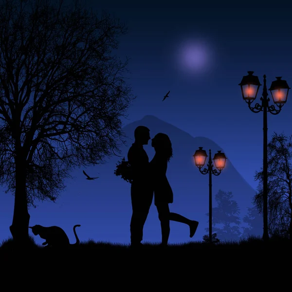 Couple aimant Silhouette sur belle nuit rouge — Image vectorielle