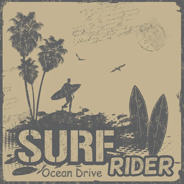 Surf rider tipografía diseño camiseta o póster — Archivo Imágenes Vectoriales