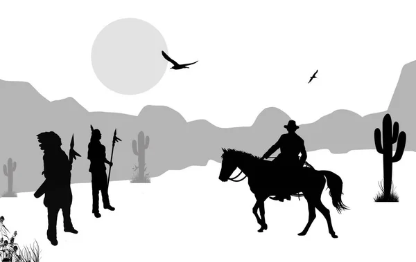 Vaquero e indios nativos americanos en el salvaje oeste — Vector de stock