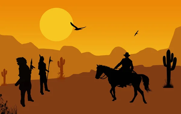 Vaquero e indios nativos americanos en el salvaje oeste — Vector de stock