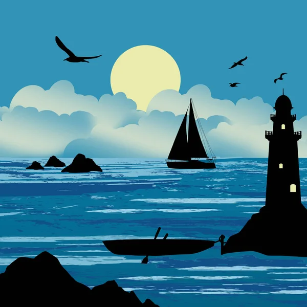 Wunderschöne Meereslandschaft mit Booten und Leuchtturm — Stockvektor