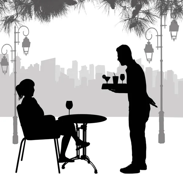 Silhouette of girl on table and waiter silhouette with the tray — Stock Vector