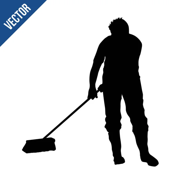 Janitor man silhouette sweeping — Stock Vector