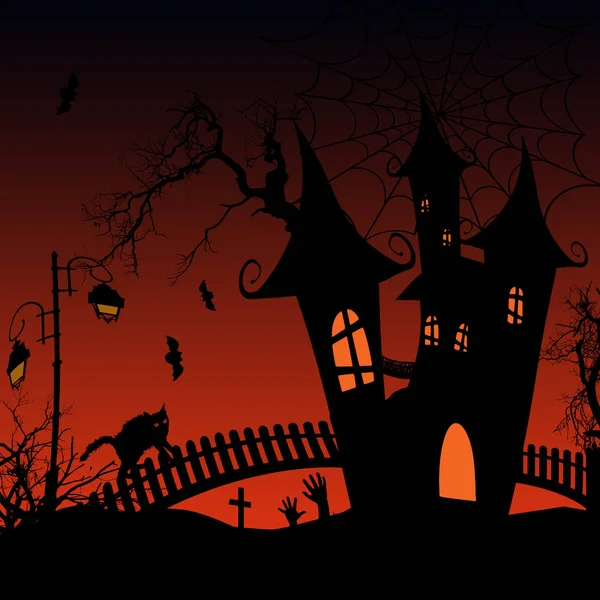 Halloween tło z nawiedzonym domu i nietoperze — Wektor stockowy