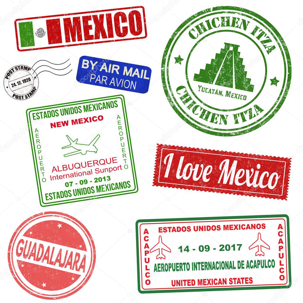 Passport or travel set of grunge stamps from Mexico