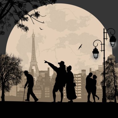 Paris cityscape ve insanlar siluet sokak 