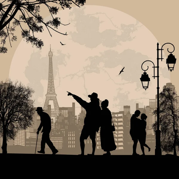 Paysage urbain parisien et silhouette des personnes dans la rue — Image vectorielle